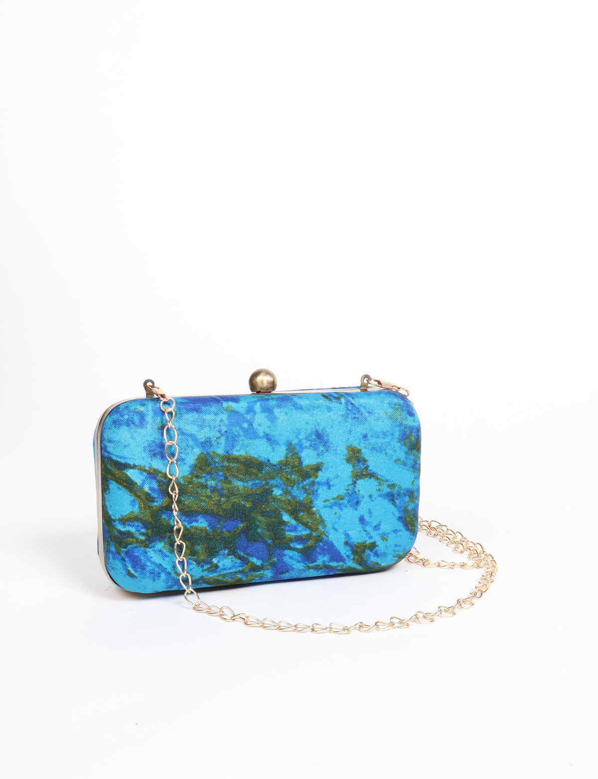 Rectangular clutch handbag with blue and green abstract pattern, gold-tone frame, clasp, and chain strap, front view