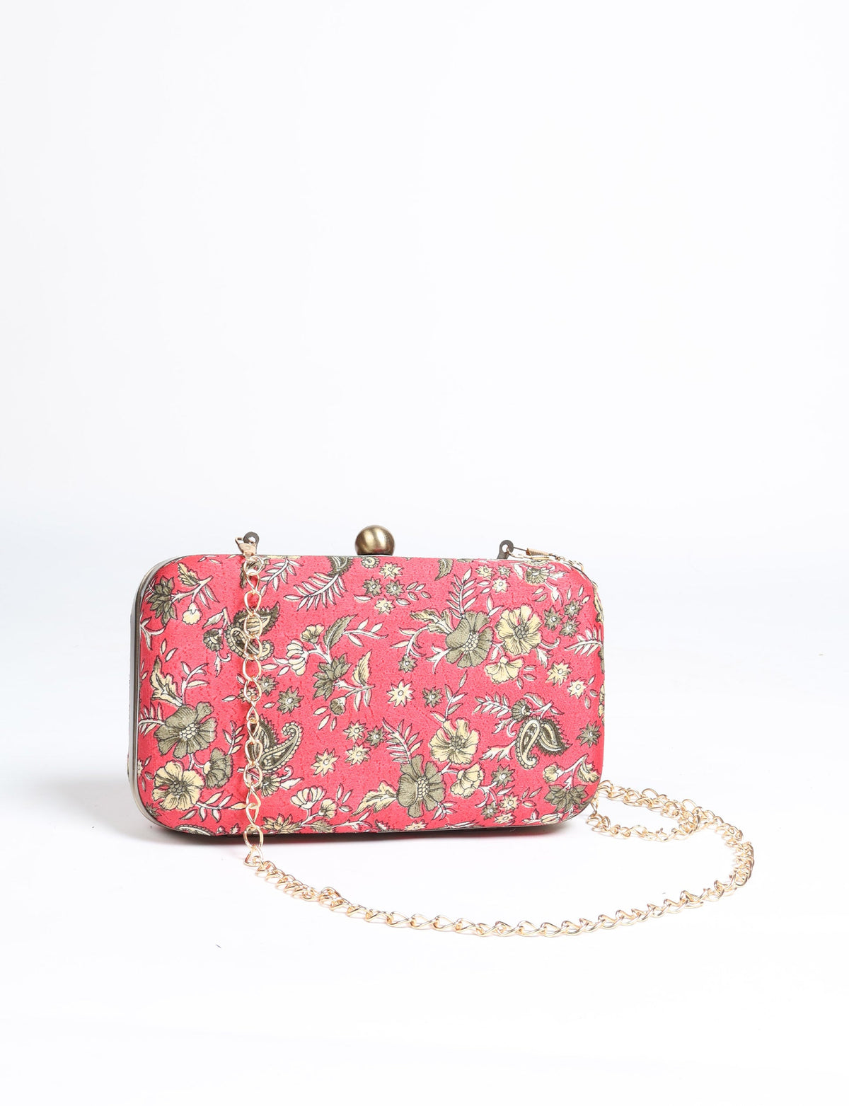 Red tropical floral clutch handbag with gold-tone metal frame, clasp closure, and detachable gold chain strap, front view