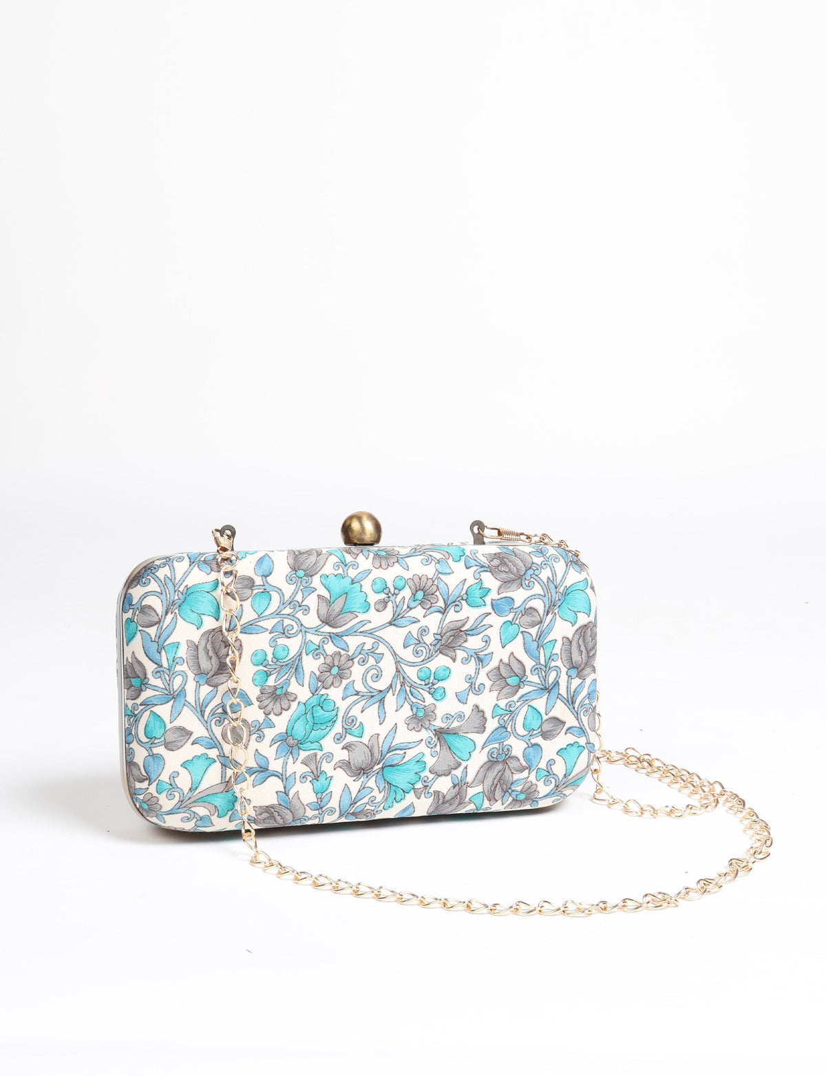 Rectangular clutch handbag with beige background and blue-gray floral pattern, gold-tone clasp and chain strap, front view
