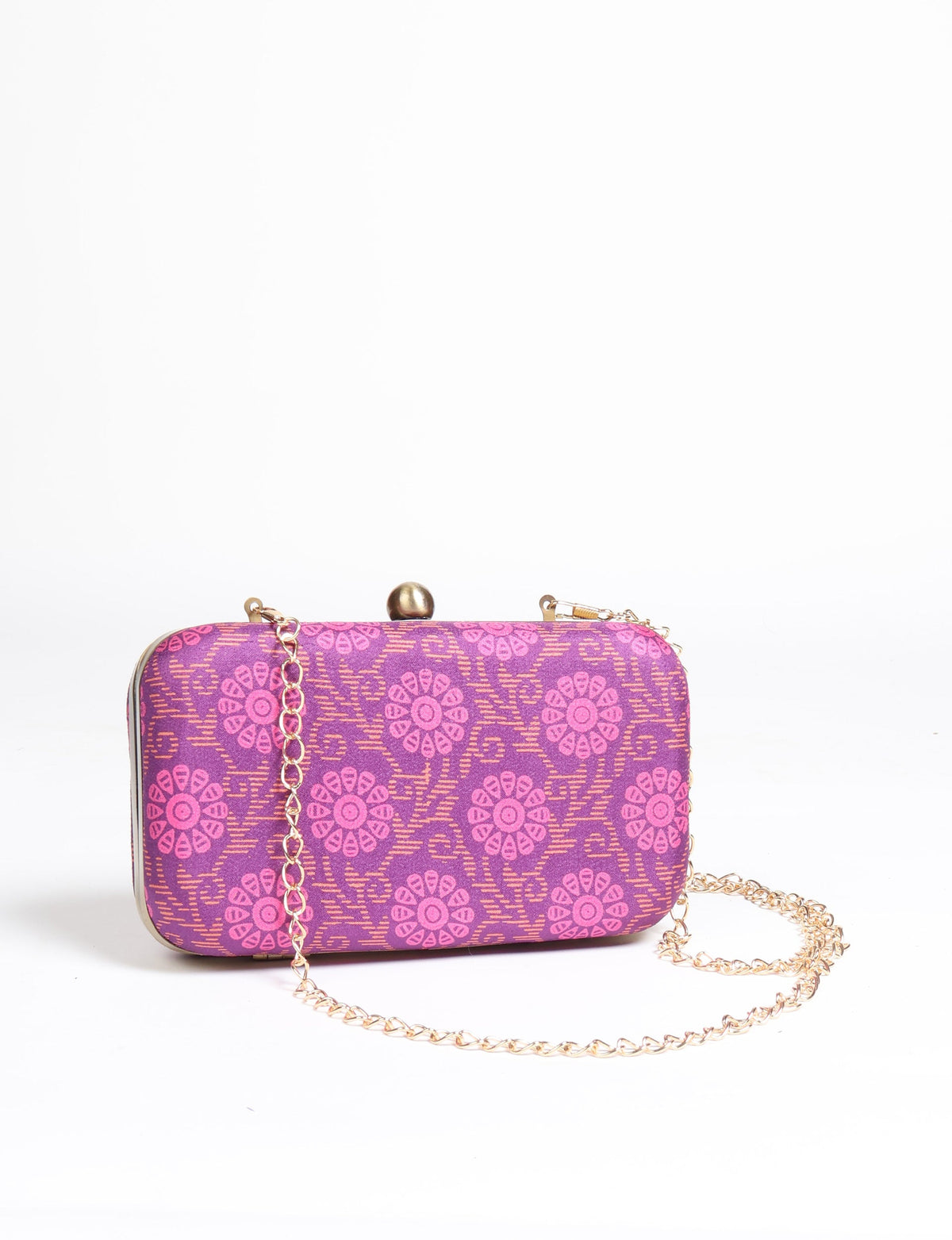 Purple floral patterned clutch handbag with gold-tone metal frame and chain strap, front view on white background