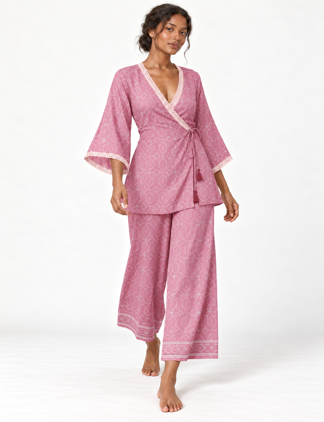 Pink tunic set with micro leaf pattern, turquoise trim on neckline and sleeves, and matching wide-leg pants with border print
