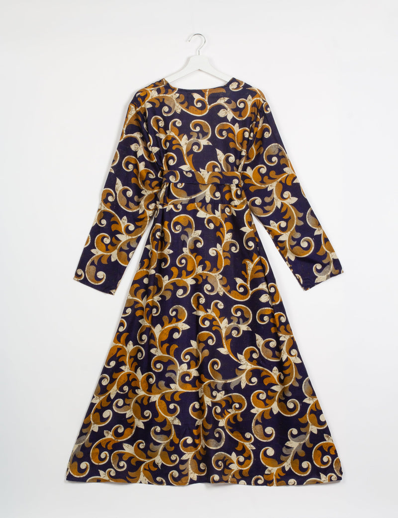 Blue beach robe with Indian ethnic orange and beige swirl pattern, long sleeves, and belt, shown hanging flat on white background