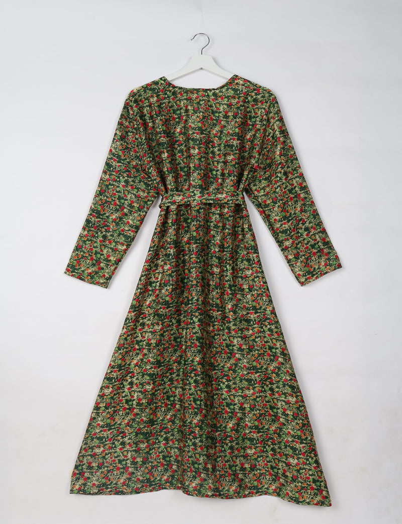Green beach robe with red and beige abstract floral print, long sleeves, belt, and round neckline, shown hanging flat back view
