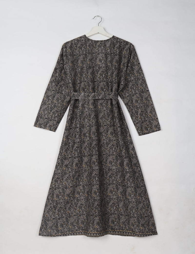 Full-length grey tropical patterned beach robe with long sleeves and tie-up belt, hanging on white hanger, back view