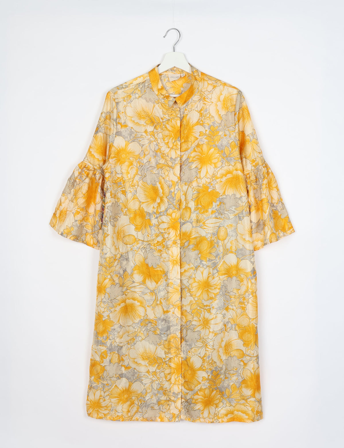 Yellow floral bell sleeve coat with stand collar, button front, and medium size tag, shown hanging on white hanger