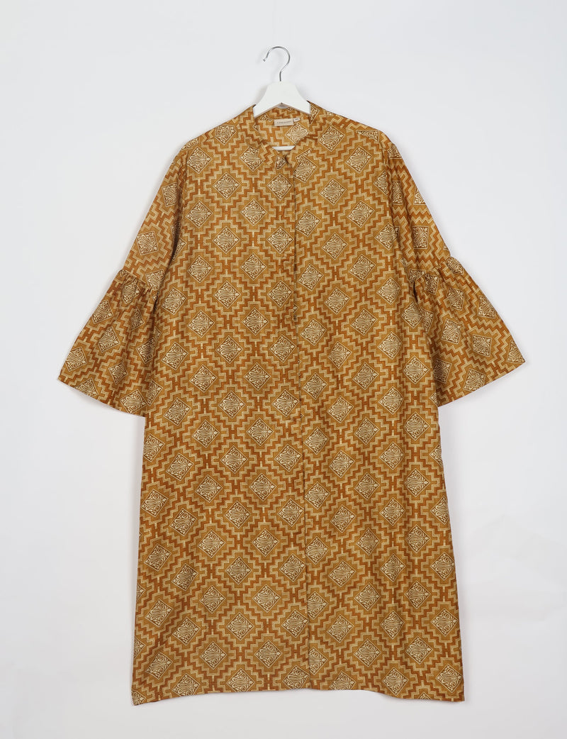 Yellow geometric patterned bell sleeve coat hanging on white hanger against white background