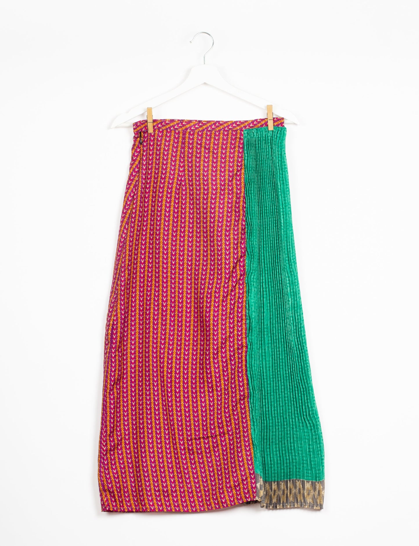 Elevate your wardrobe with the Semi Pleated A-Line Skirt, a sustainable fashion statement. Unique prints, a mix of fabrics, and intricate knife pleats create an individualized, upscale day-to-night look. Crafted with ethical and green fashion values, this skirt represents the essence of eco-friendly style.