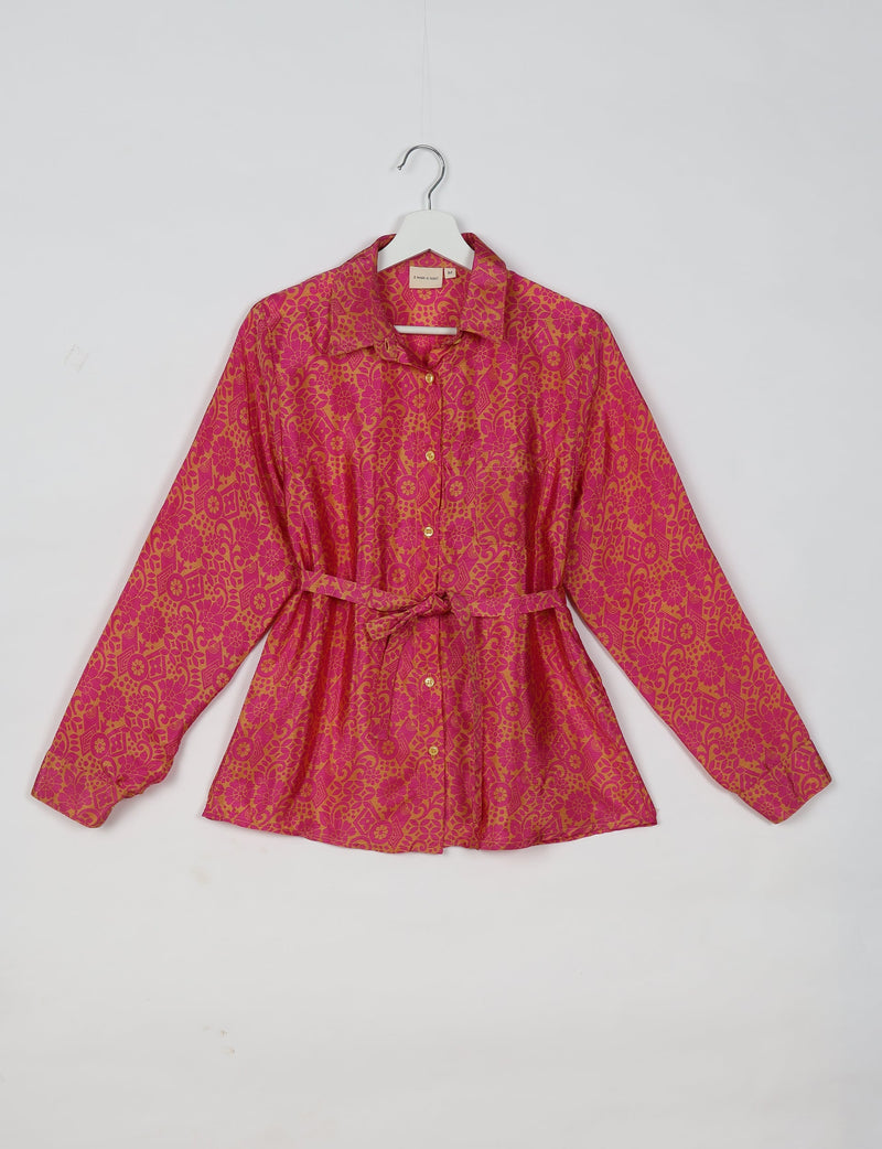 Pink and orange floral patterned long-sleeve button-up shirt with collar and waist tie, shown flat on hanger