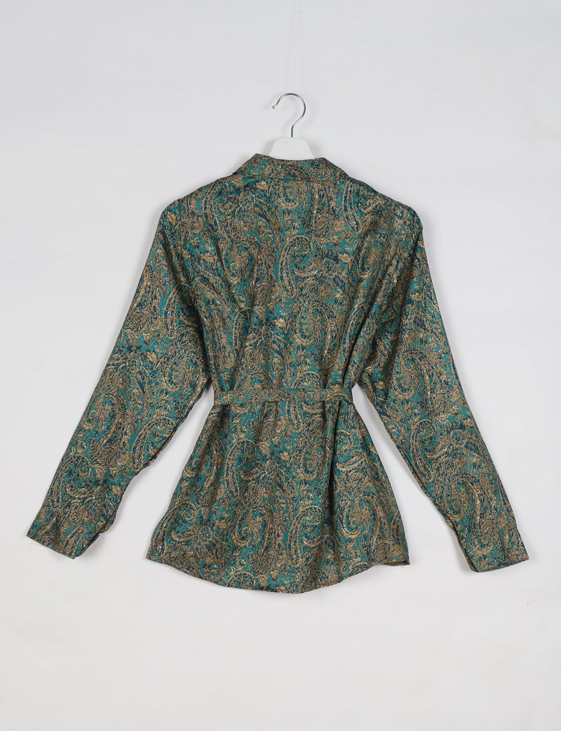 Long-sleeve green paisley shirt with collar and belt, shown from back on white hanger against white background