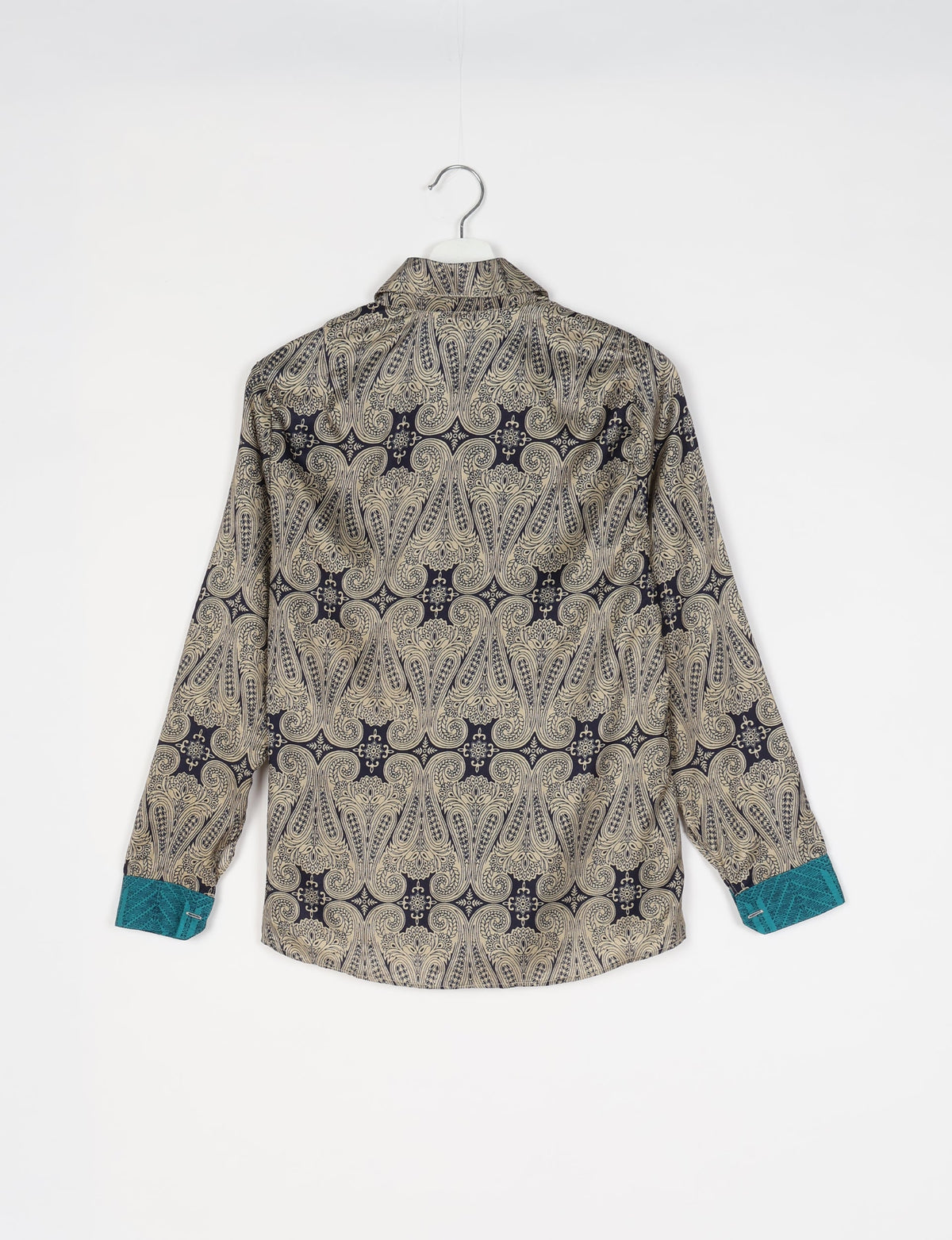 Long-sleeve shirt with grey paisley pattern and teal cuffs, shown from back on white hanger against white background