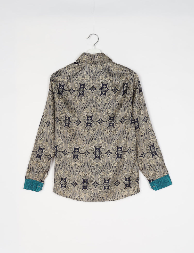 Long-sleeve shirt with grey paisley pattern and teal cuffs, shown from back on white hanger against white background