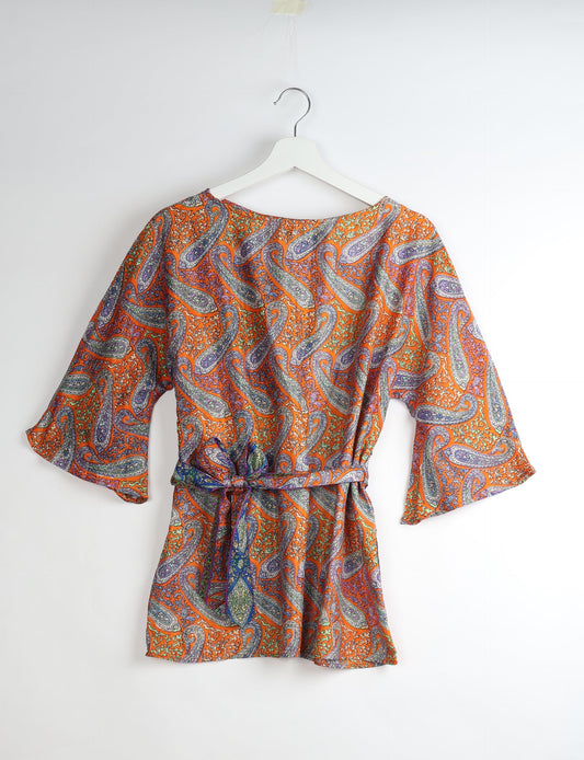 Upcycled women’s Belt Top made from pre-loved saris, showcasing eco friendly cloth, carbon neutral clothing, circular fashion design, environmentally friendly clothing, and second hand clothing elegance.