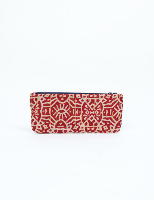 Quilted pencil pouch made from recycled clothing and repurposed textiles, promoting eco friendly fashion and circular fashion ideals. A durable, stylish storage option inspired by recycled sari products, upcycled women’s clothing, and earth friendly fashion practices.