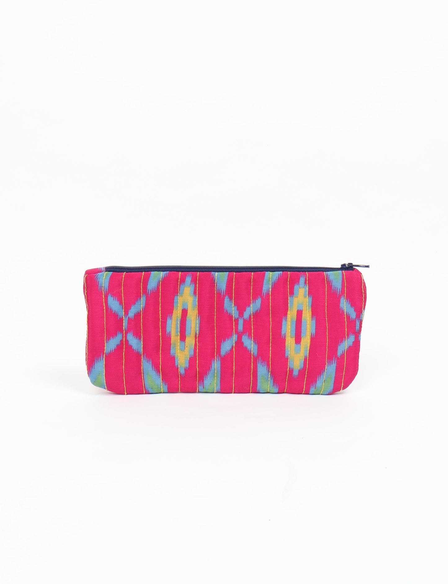 Quilted pencil pouch made from recycled clothing and repurposed textiles, promoting eco friendly fashion and circular fashion ideals. A durable, stylish storage option inspired by recycled sari products, upcycled women’s clothing, and earth friendly fashion practices.