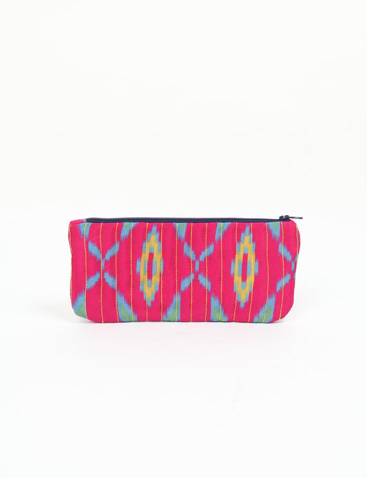 Quilted pencil pouch made from recycled clothing and repurposed textiles, promoting eco friendly fashion and circular fashion ideals. A durable, stylish storage option inspired by recycled sari products, upcycled women’s clothing, and earth friendly fashion practices.