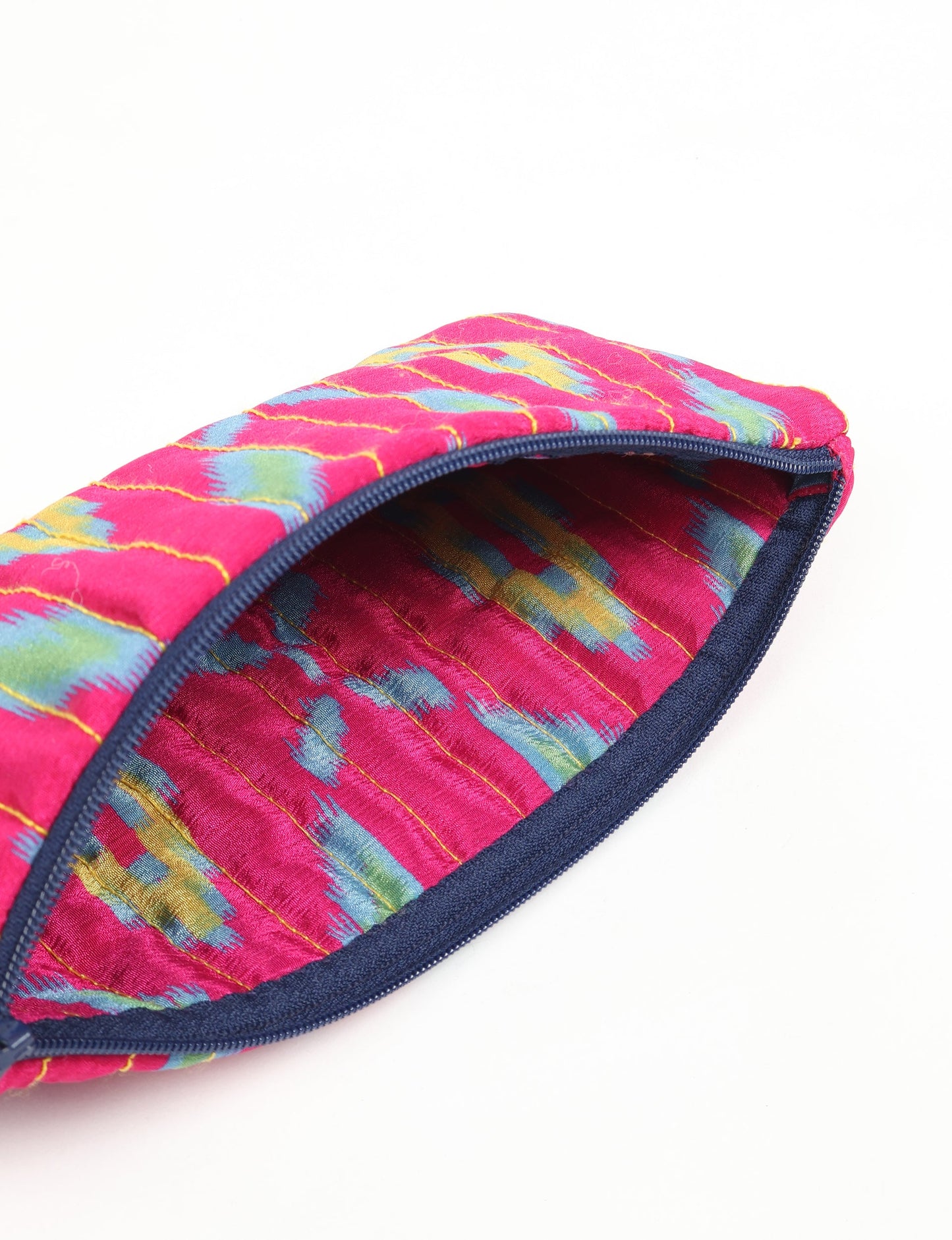 Quilted pencil pouch made from recycled clothing and repurposed textiles, promoting eco friendly fashion and circular fashion ideals. A durable, stylish storage option inspired by recycled sari products, upcycled women’s clothing, and earth friendly fashion practices.