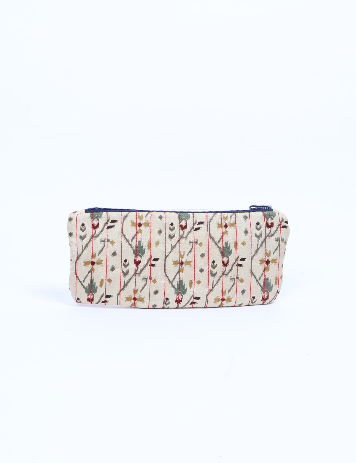 Quilted pencil pouch with blue zipper, beige fabric featuring red, green, and brown Indian ethnic pattern, front view