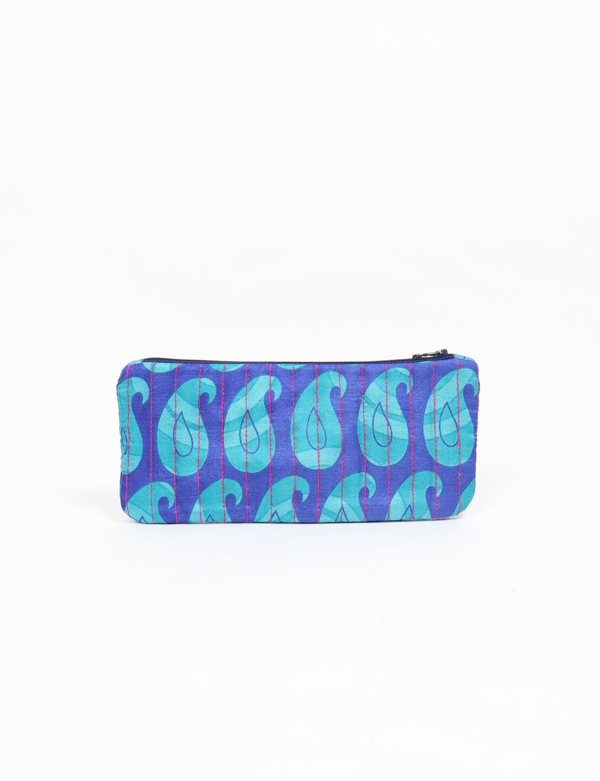 Blue quilted pencil pouch with turquoise paisley pattern and pink vertical stitching, shown flat with zipper on top