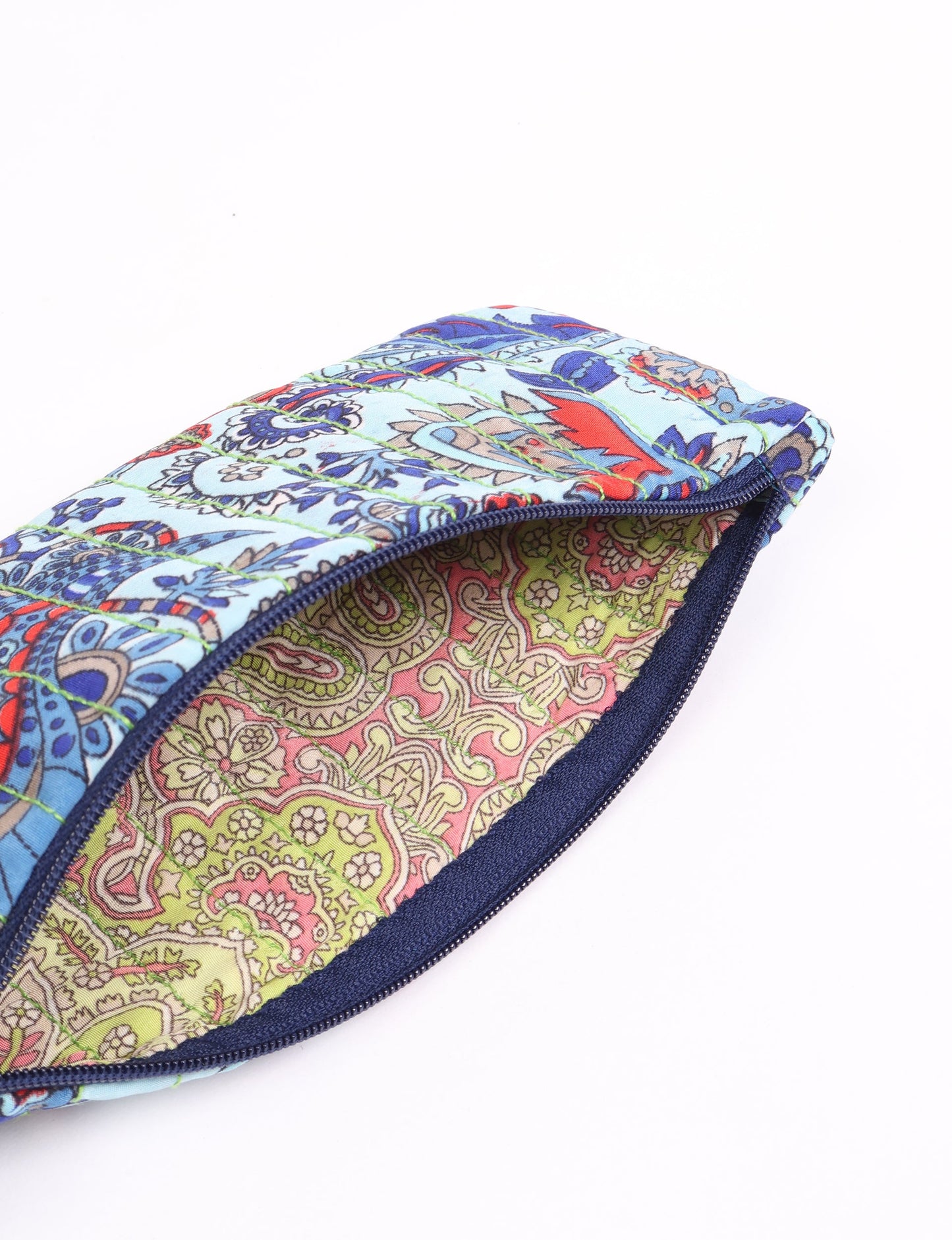 Quilted pencil pouch made from recycled clothing and repurposed textiles, promoting eco friendly fashion and circular fashion ideals. A durable, stylish storage option inspired by recycled sari products, upcycled women’s clothing, and earth friendly fashion practices.