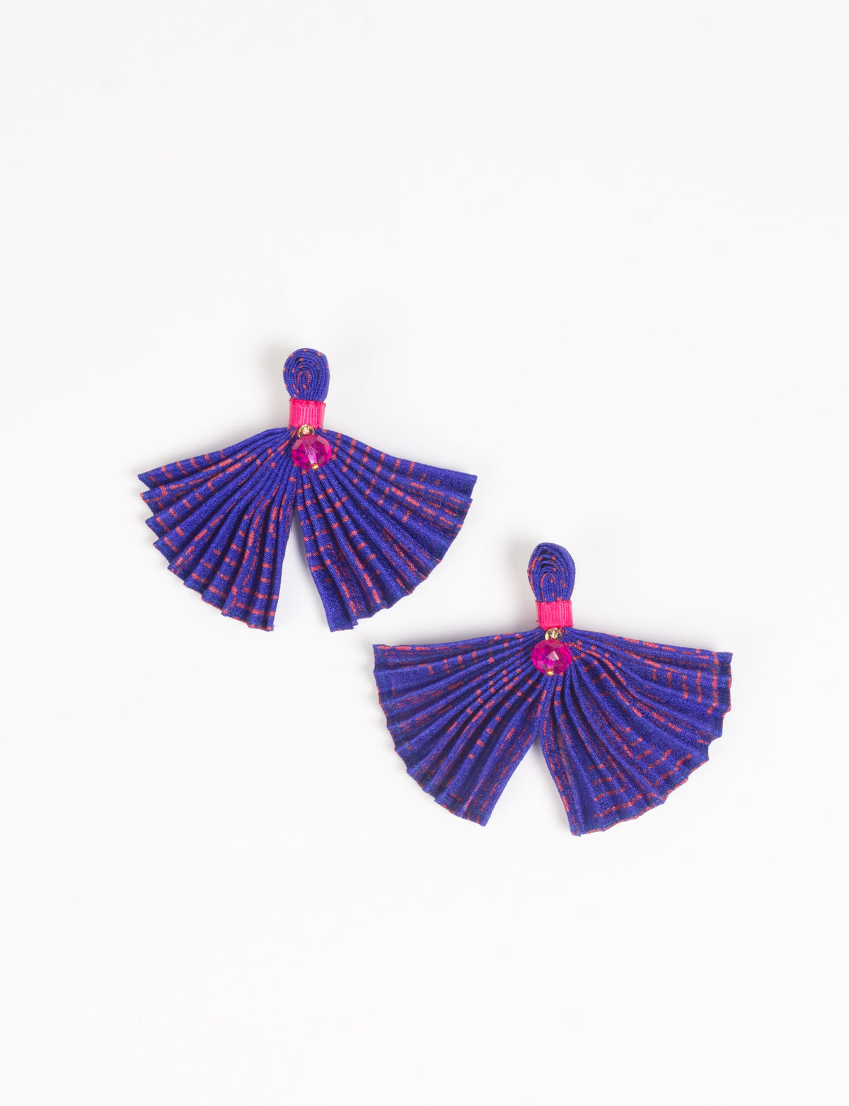 Blue pleated fabric earrings with red abstract dots, pink bead accents, and pink wrapped tops, shown flat on white background