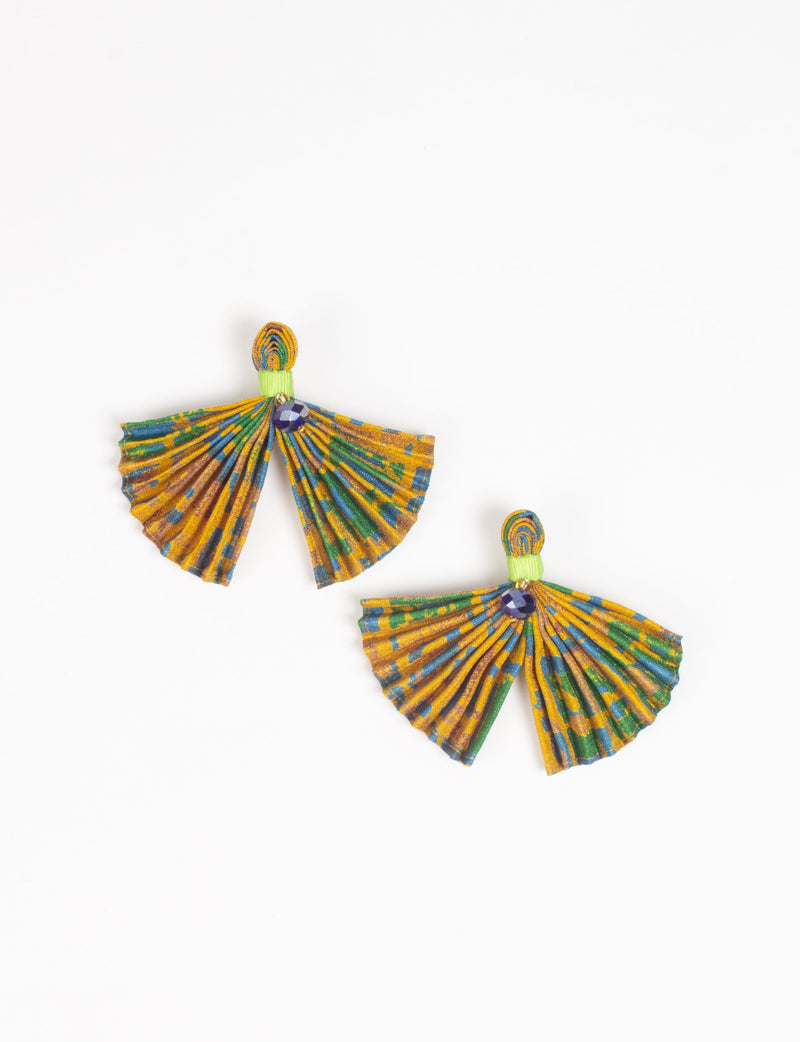 Yellow abstract pleated fabric earrings with green accents and a small purple gem, shown flat on white background