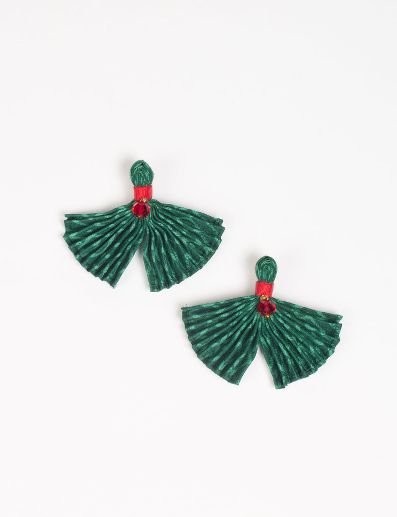 Green pleated fabric earrings with red band and red gem detail, shown flat on white background