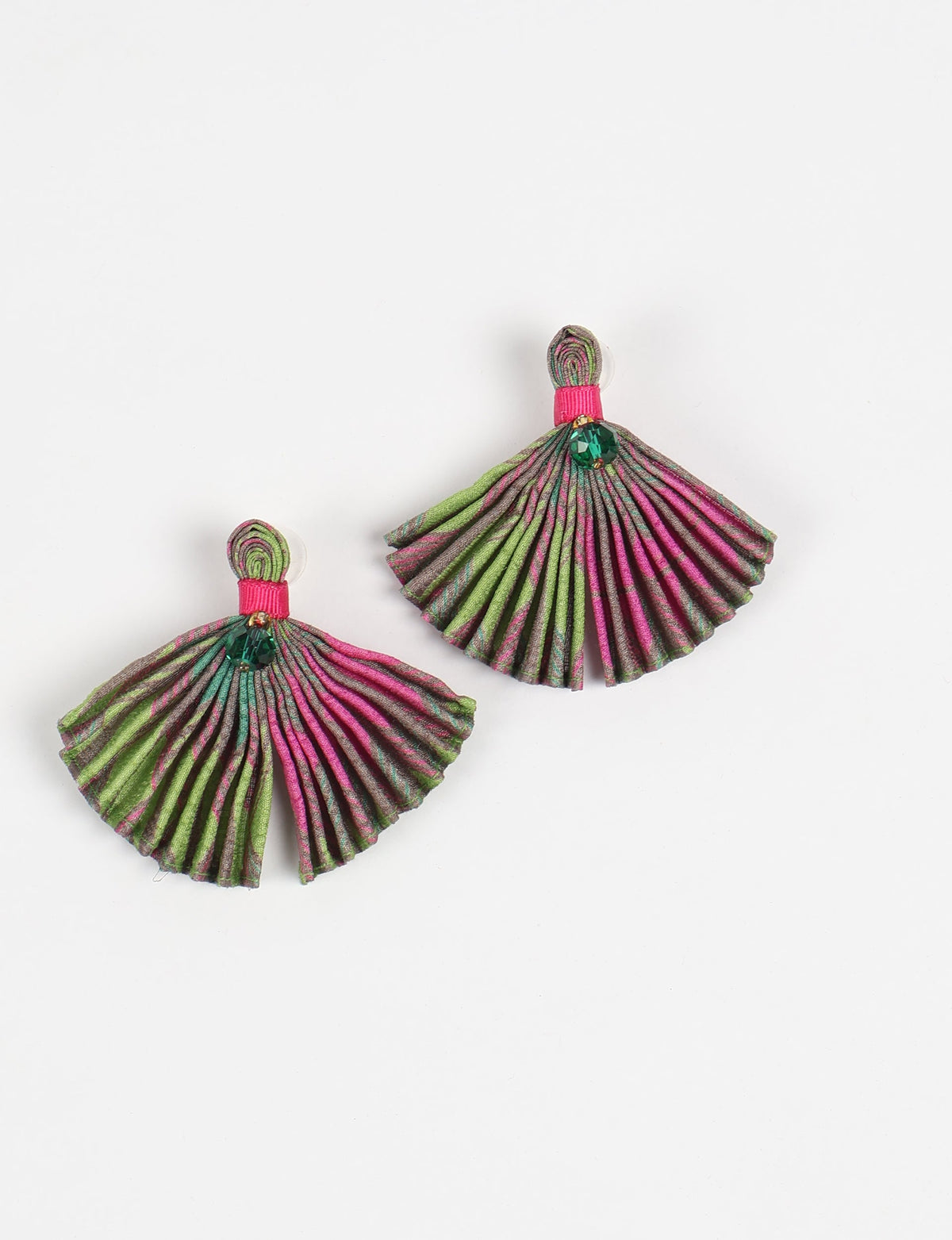 Pink and green pleated fabric earrings with green gem accents, shown flat on a white background