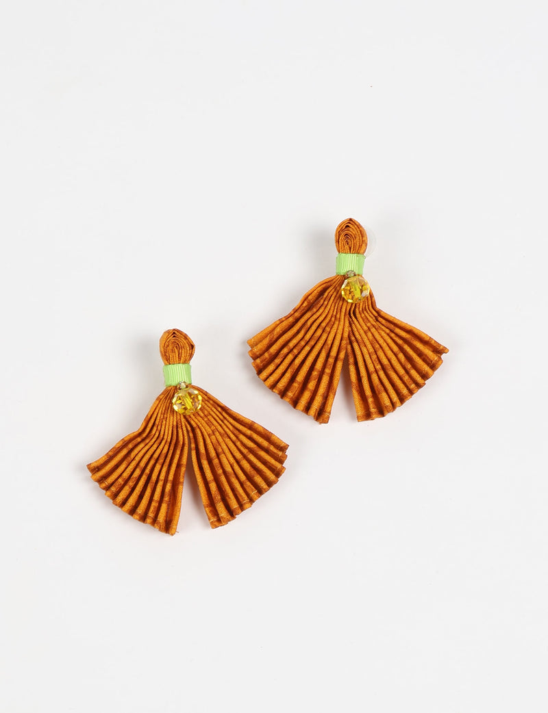 Yellow pleated fabric earrings with green ribbon and small yellow bead detail, shown flat on white background