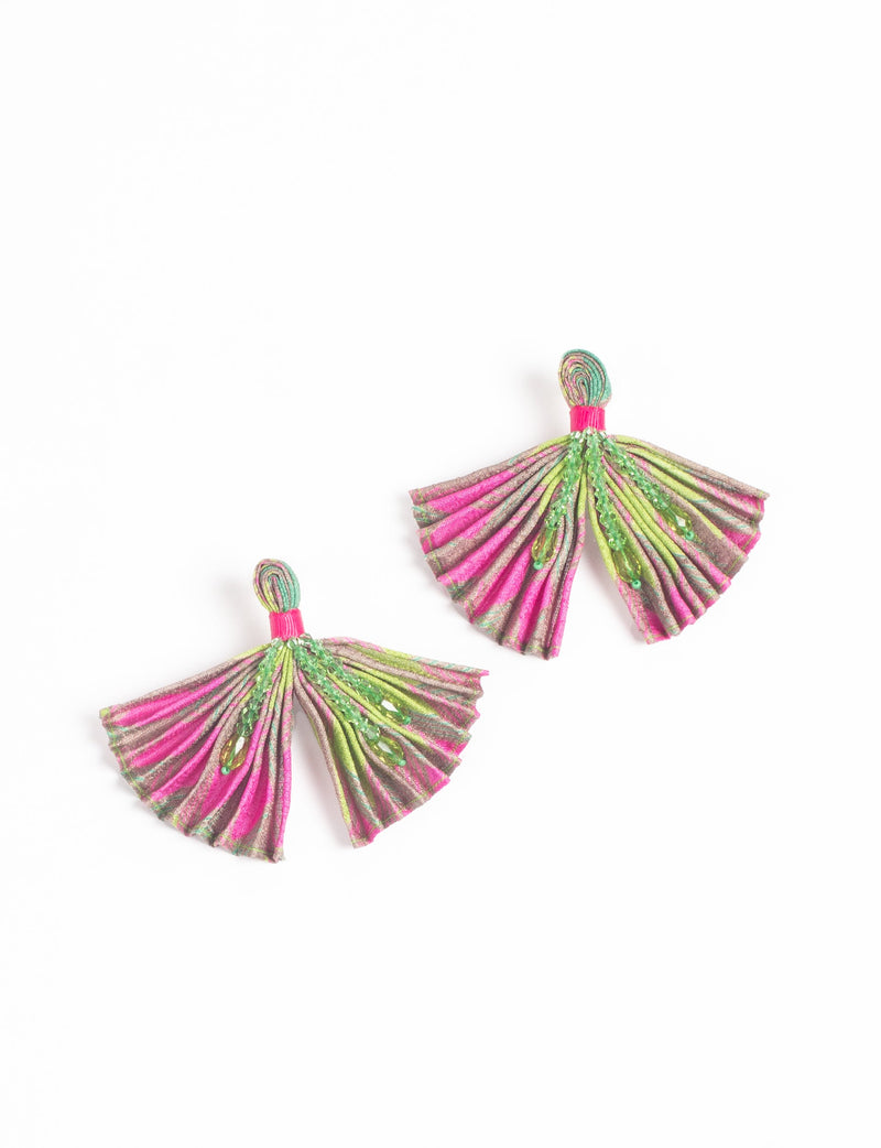 Pink and green pleated fabric earrings with abstract pattern and green bead embellishments, shown flat on white background