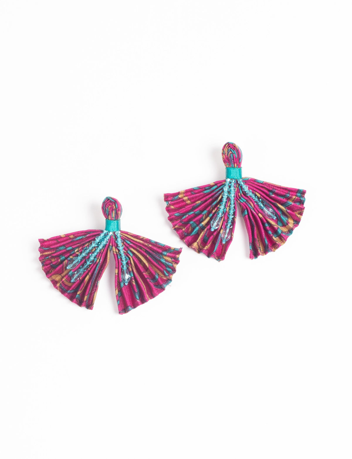 Pink pleated fabric earrings with abstract multicolor pattern and turquoise bead accents, shown flat on white background