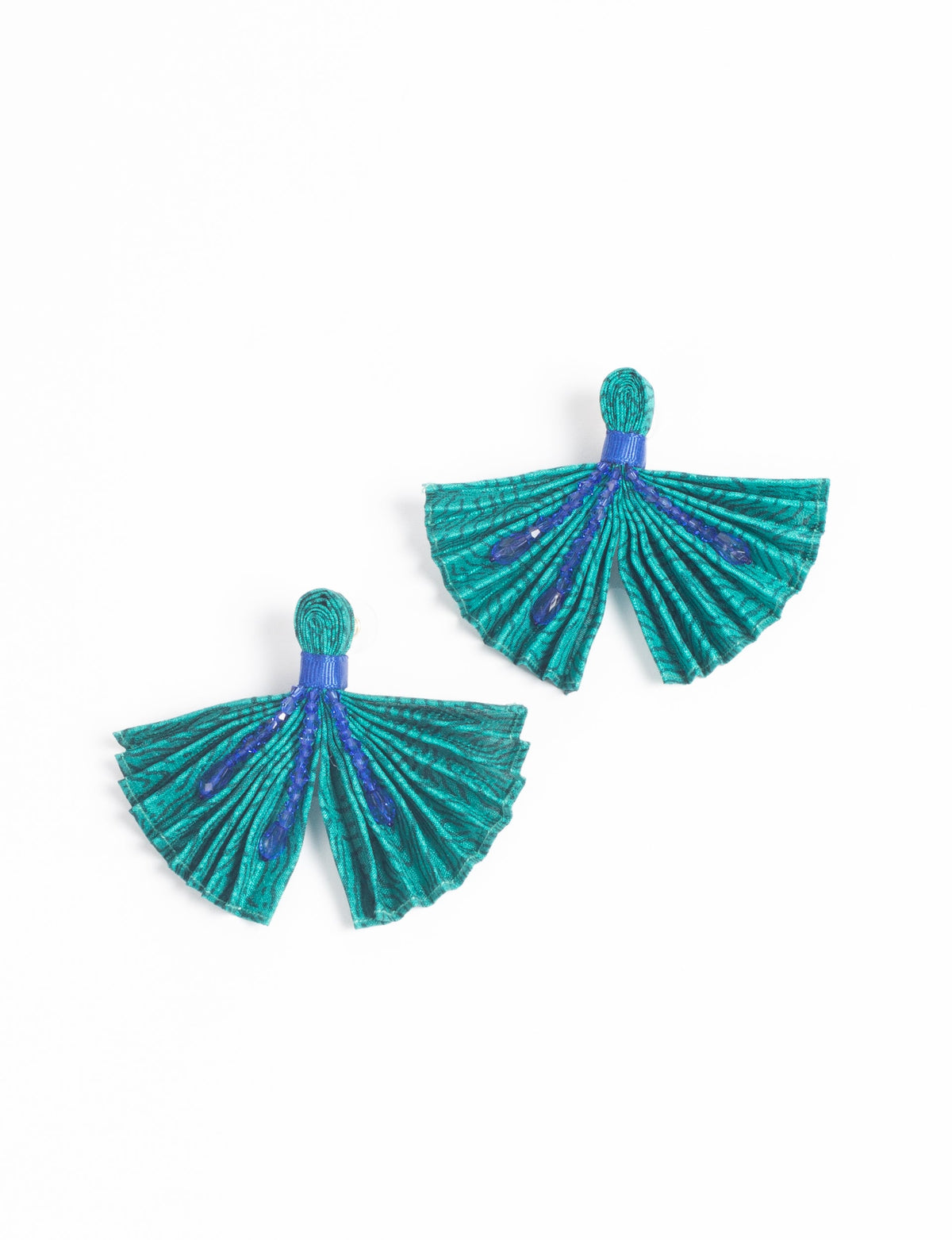 Pleated earrings in teal with blue bead accents, shown flat on a white background