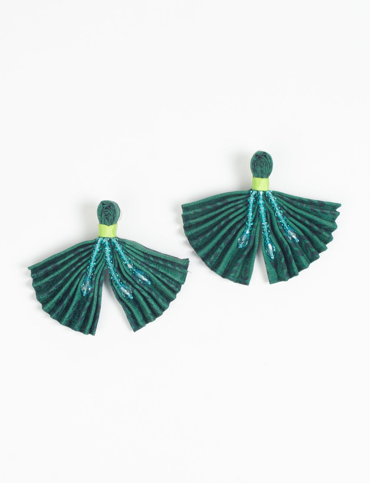 Blue pleated fabric earrings with green tops and hanging blue bead embellishments, shown flat on white background