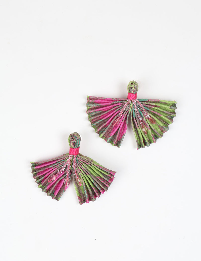 Pink and green pleated fabric earrings with abstract pattern and pink bead embellishments, shown flat on white background