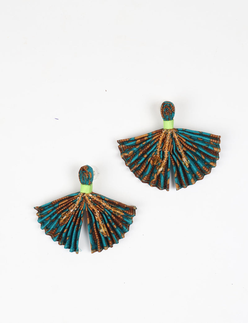 Pleated fabric earrings in teal and brown abstract pattern with green band and amber bead accents, shown flat on white background