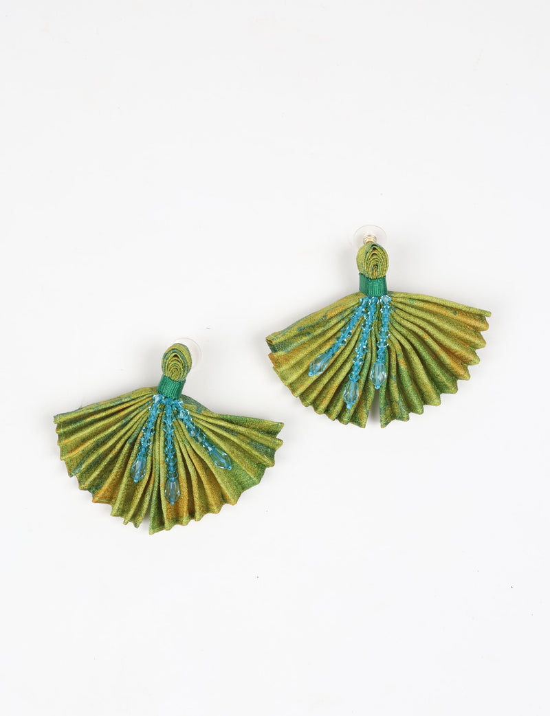 Green pleated fabric earrings with blue bead strands, shown flat on a white background with clear backings