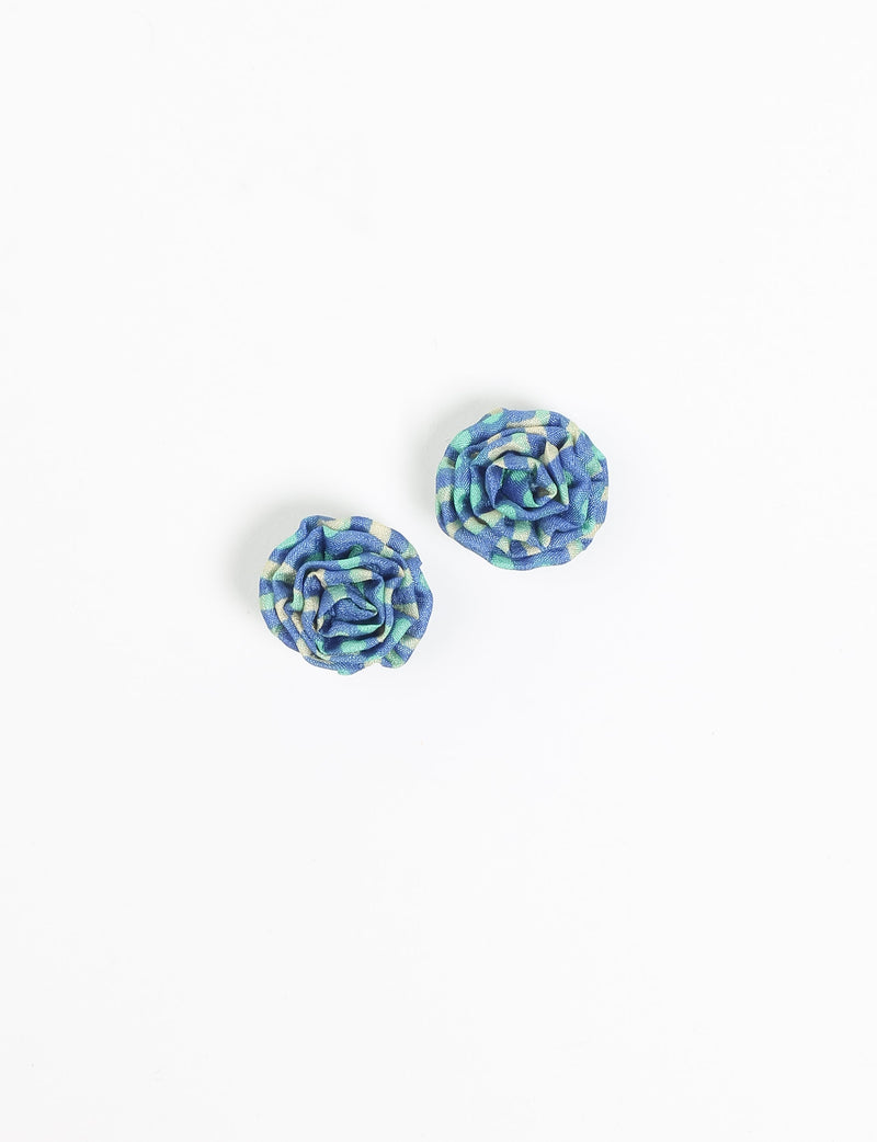 Pair of blue fabric ruffle earrings with green and cream micro check pattern, shown flat on white background