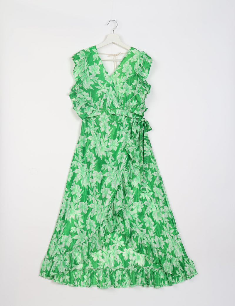 Green floral print frill skirt set with V-neck, ruffle sleeves, wrap tie waist, and ruffled hem hanging on white hanger