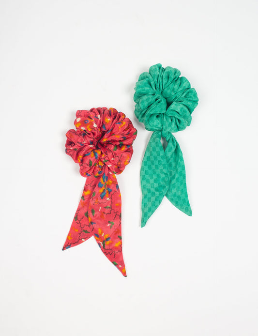 Colorful Tail Scrunchy made from sustainable, upcycled women's clothing. An eco-friendly fashion accessory promoting green fashion, recycled clothing, and ethical fashion choices.