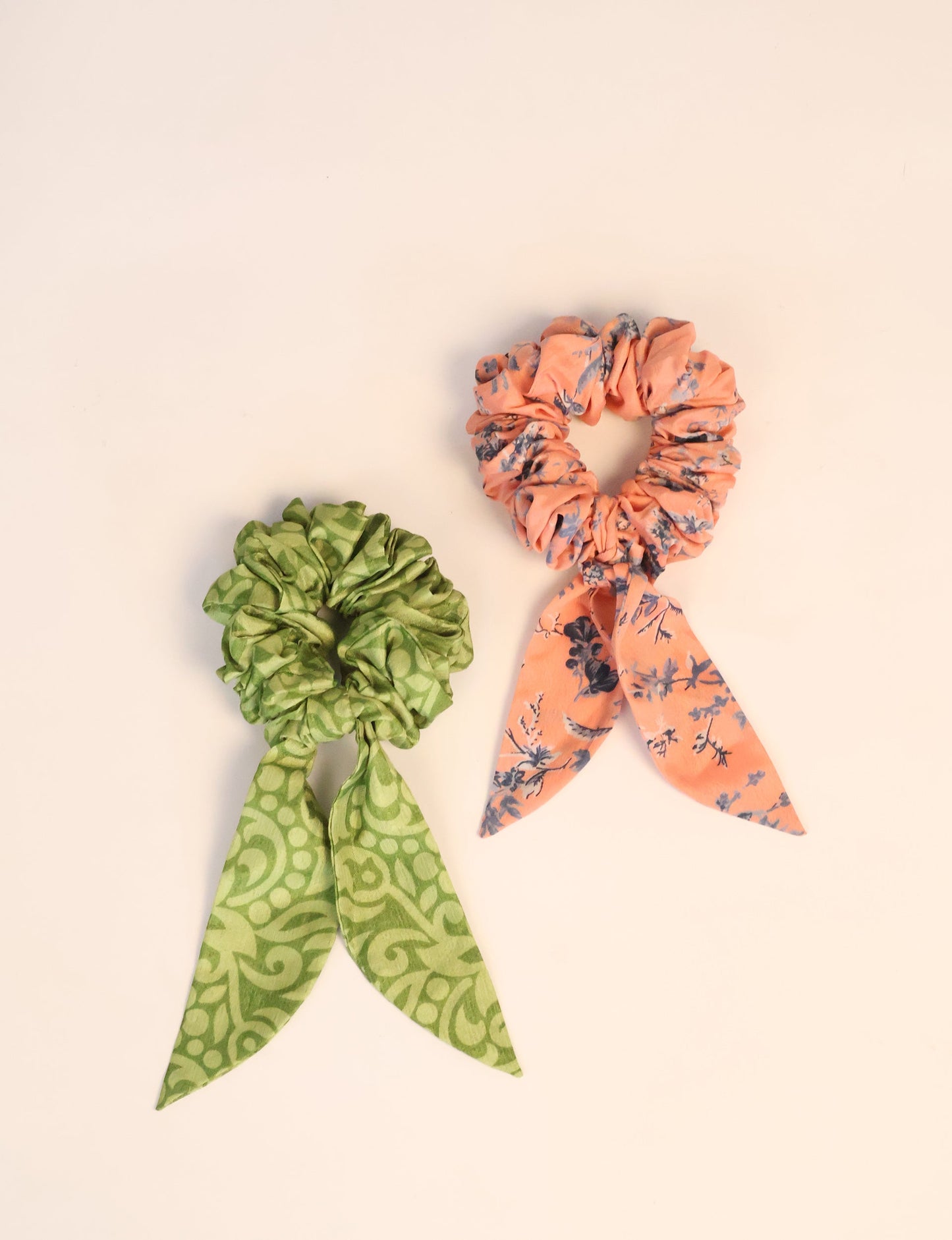 Colorful Tail Scrunchy made from sustainable, upcycled women's clothing. An eco-friendly fashion accessory promoting green fashion, recycled clothing, and ethical fashion choices.