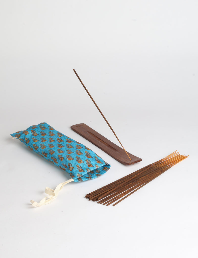 Incense stick set with wooden holder and repurposed sari fabric pouch, including 40 incense sticks.
