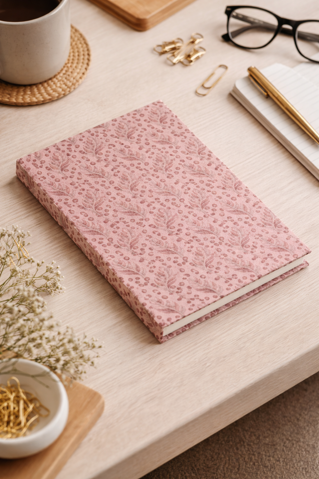 A5 Hard Cover Notebook - Pink Leaves