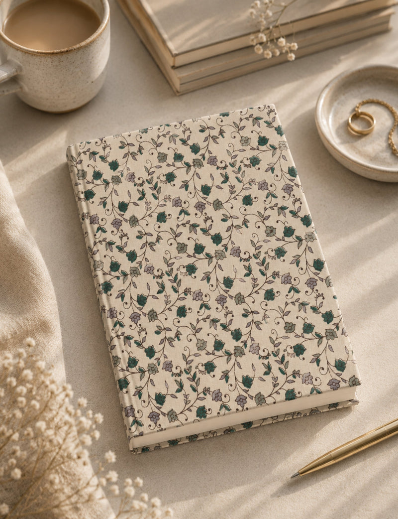 Beige A5 hard cover notebook with green and purple floral vine pattern, shown flat with coffee cup and gold pen nearby