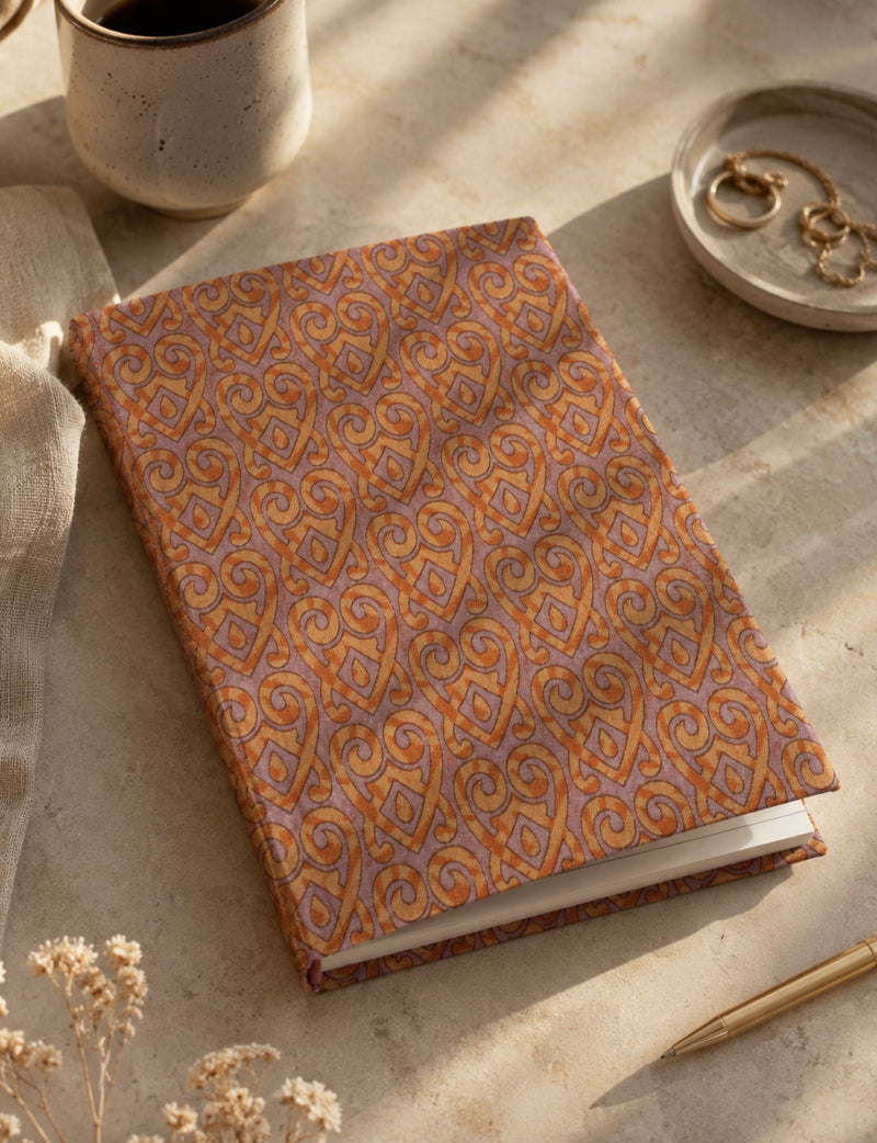 A5 hard cover notebook with orange and purple intricate swirl pattern, shown flat on a beige surface with a pen and cup nearby
