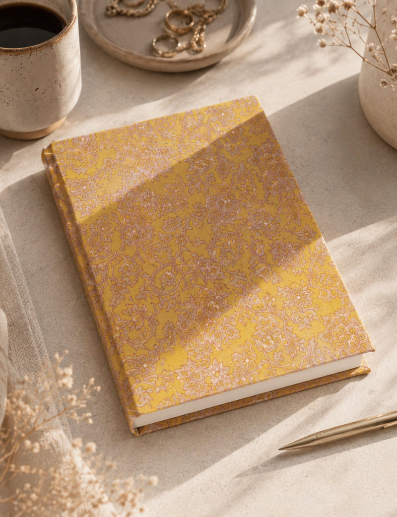 A5 hard cover notebook with yellow floral pattern, shown flat on a beige surface with a gold pen and ceramic cup nearby
