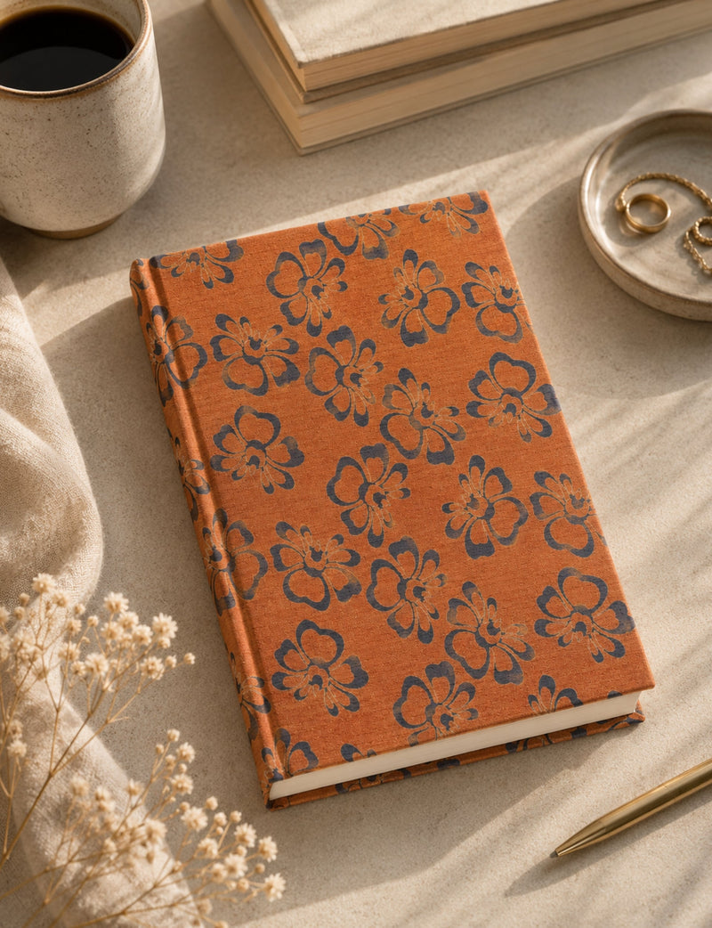 A5 hard cover notebook with orange cover and dark floral pattern, shown flat on a beige surface with coffee and jewelry