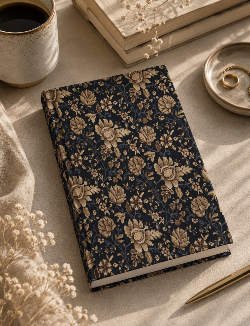 Hardcover notebook with blue cover and beige floral pattern, shown flat on a beige surface with coffee cup and pen nearby