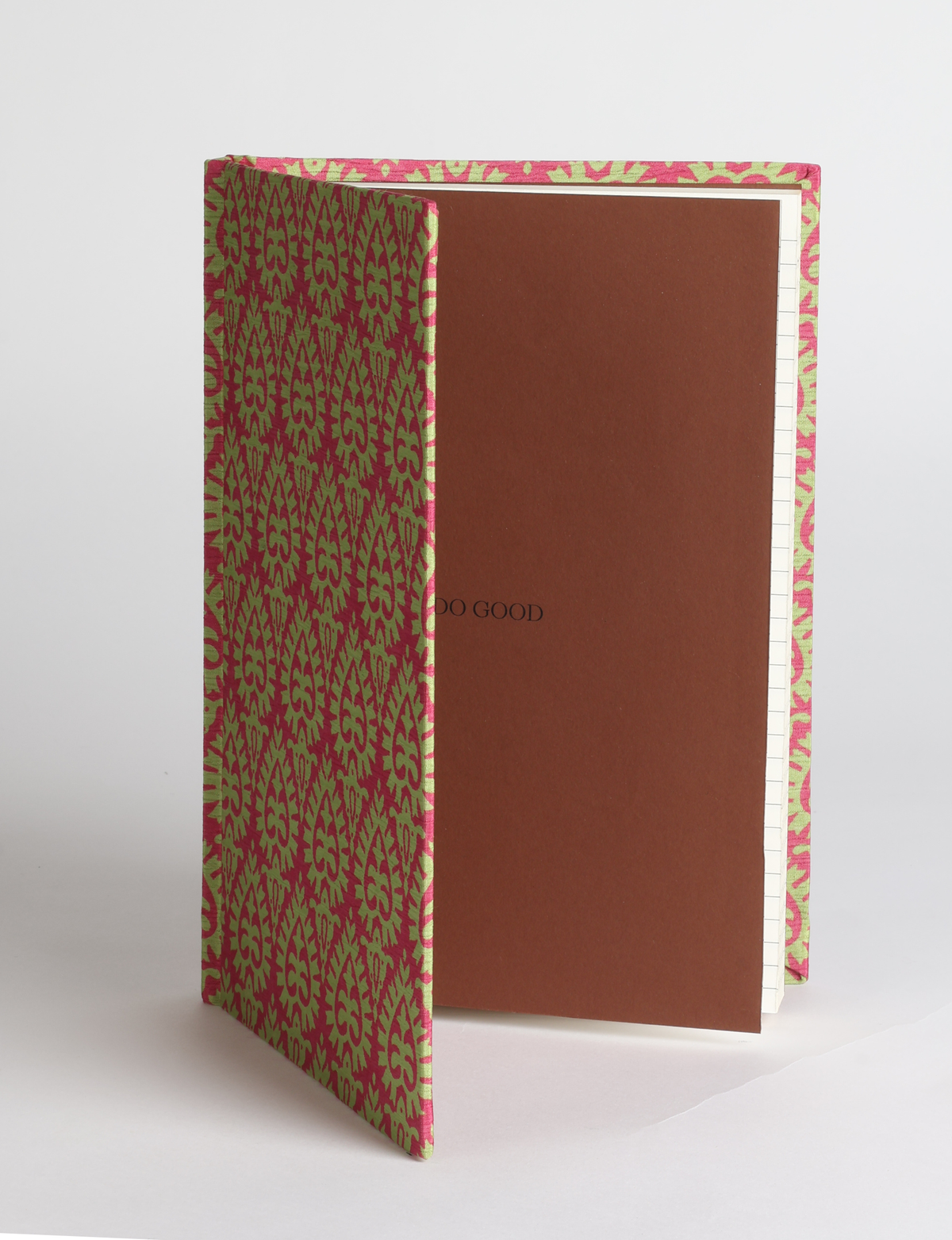 A5 hard cover notebook featuring the DO GOOD message, durable hardbound cover, ruled inner pages, printed endpapers and a lay-flat design.