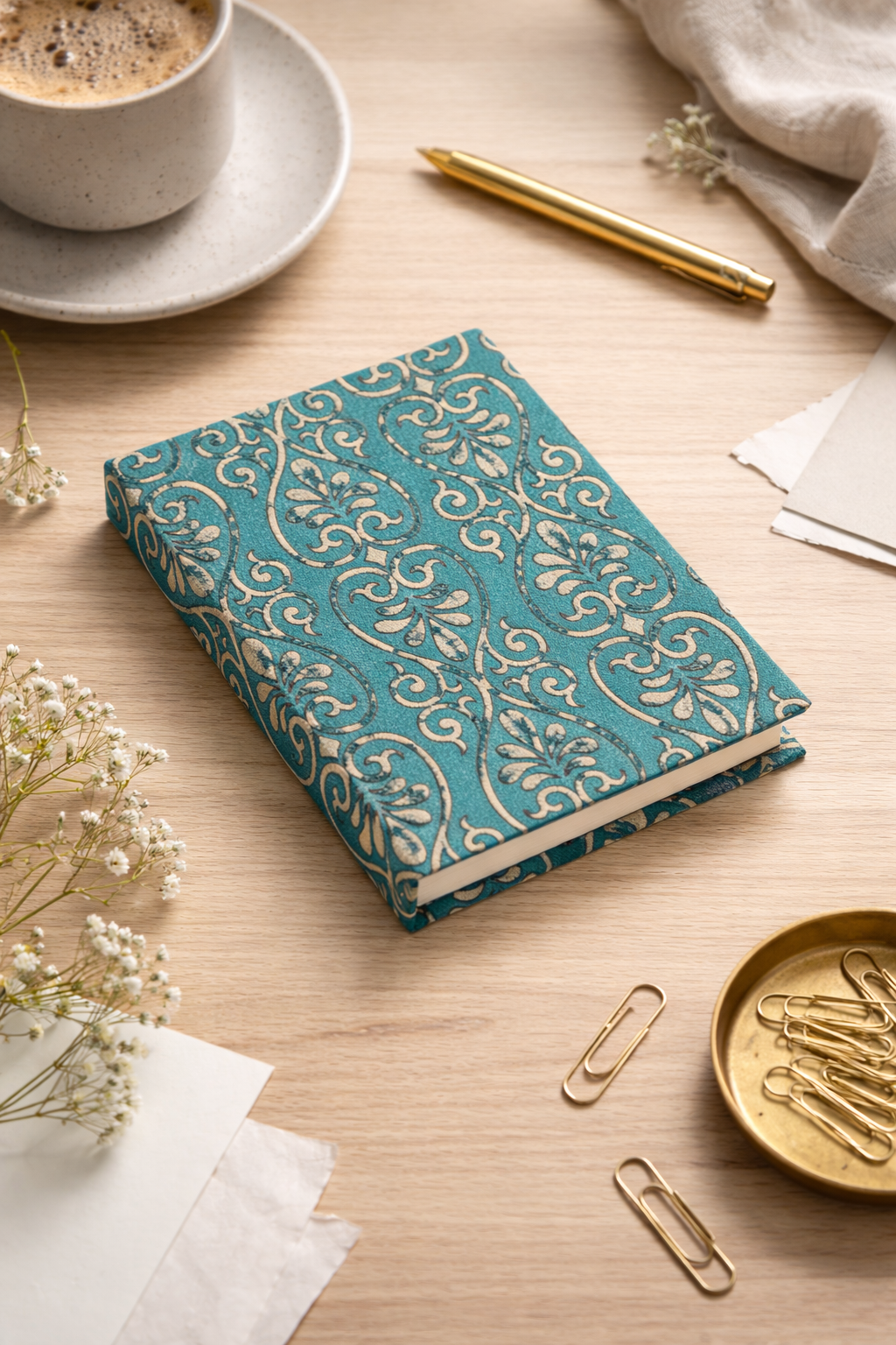 A6 hard cover notebook with teal and beige pre-loved sari fabric cover, lying closed on a wooden desk with gold pen