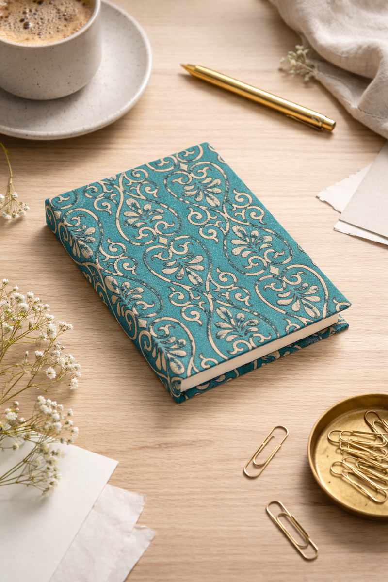 A6 hard cover notebook with teal and beige pre-loved sari fabric cover, lying closed on a wooden desk with gold pen