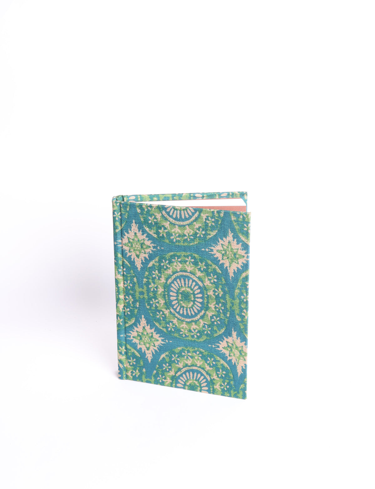 A6 hard cover notebook with teal pre-loved sari fabric cover featuring dark green floral vine pattern, standing upright